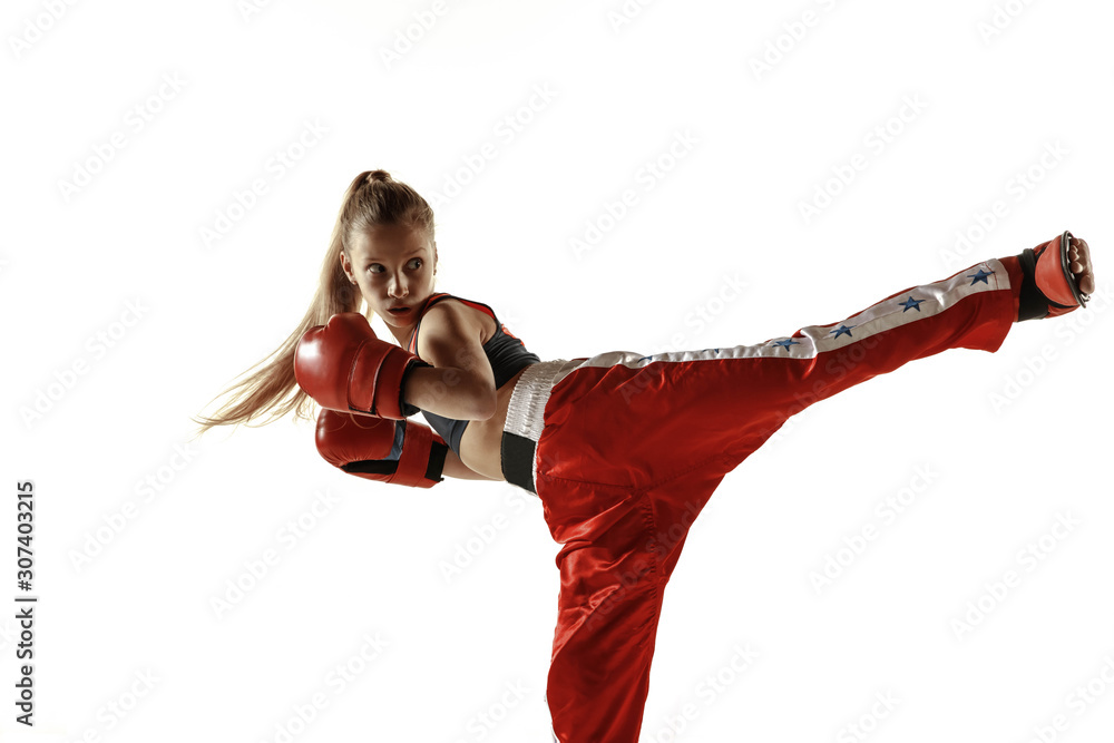 Αφίσα Young female kickboxing fighter training isolated on white background