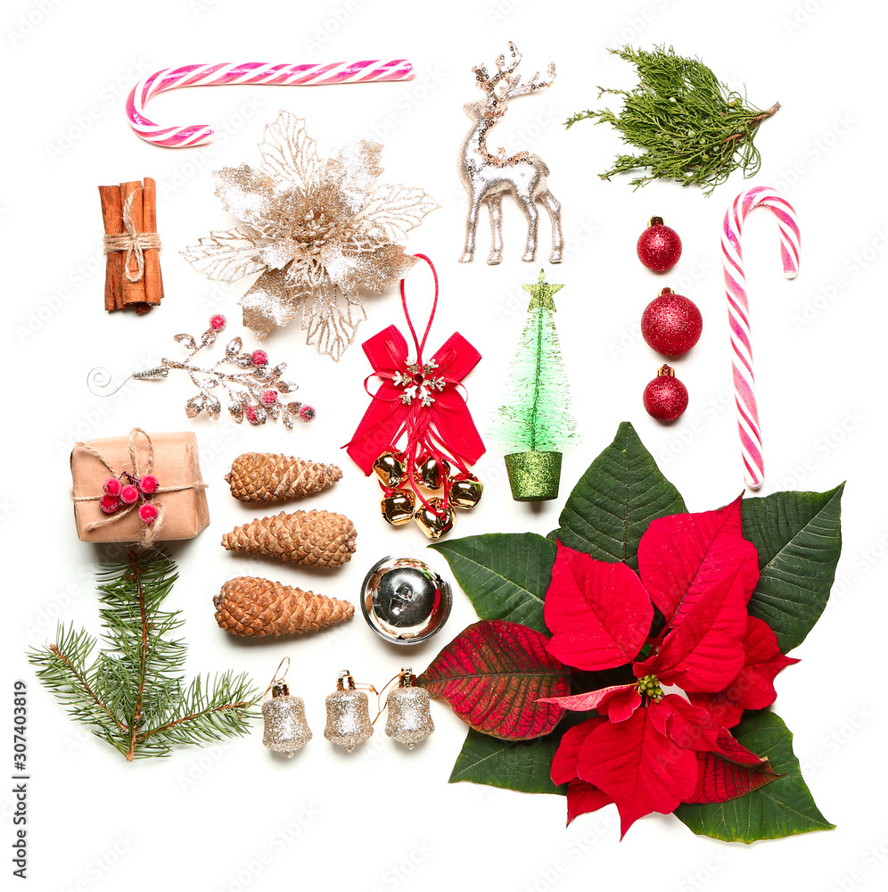 Beautiful Christmas composition with poinsettia and decor on white background