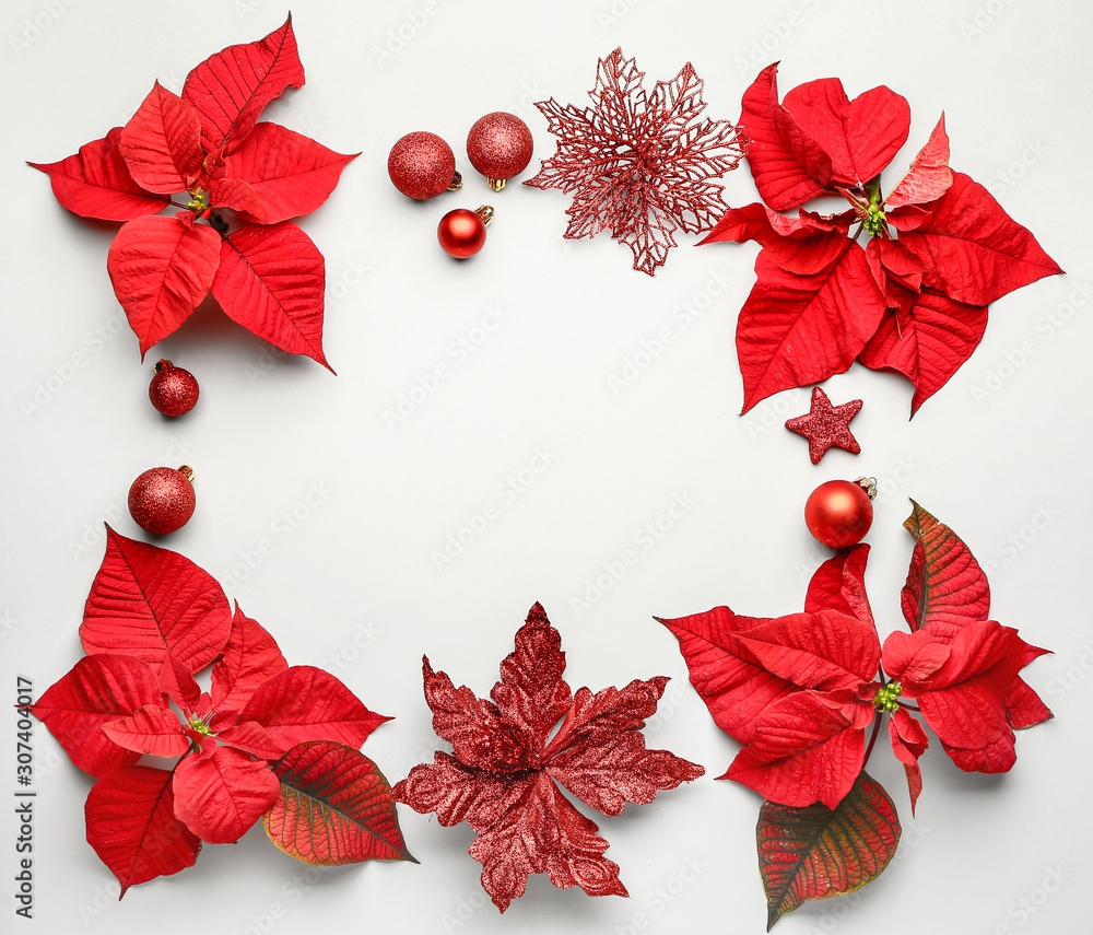 Beautiful Christmas composition with poinsettia on white background