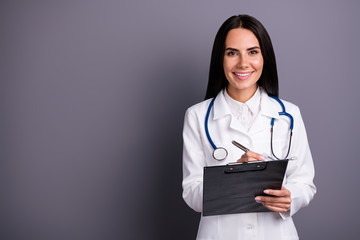 Poster - Portrait of her she nice lovely pretty charming cheerful brunet girl doc writing meds recommendation information isolated over grey violet purple pastel color background