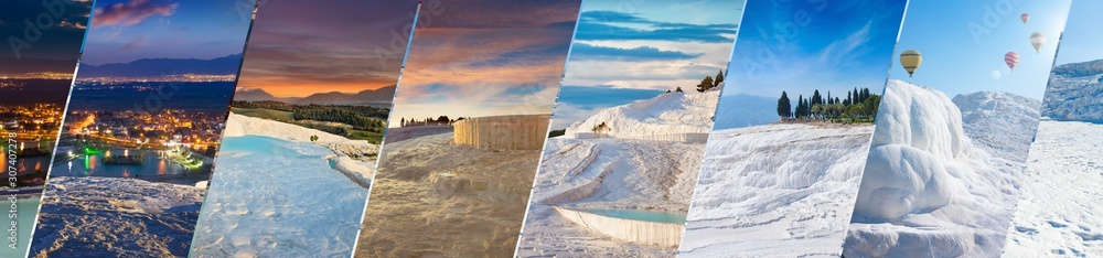 Amazing white travertine in different time of day, geological phenomenon literally "Cotton Castle" in Turkish, most visited attraction in Pammukale, Turkey. - obrazy, fototapety, plakaty 