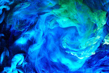 Abstract Blue Green Background, Underwater Art. Colorful Swirling Paint Smoke