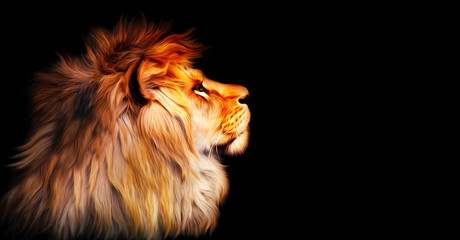 African lion profile portrait isolated on black background, spectacular dramatic king of animals, proud dreaming fantasy Panthera leo looking forward. Stylized photo banner with copy space for text.