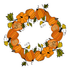 A wreath of pumpkins on an isolated white background with a copy space. The black outline of the pumpkin is drawn by hand, placed in a circle. Cartoon style vegetables. Vector stock illustration.