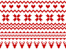 Nordic Traditional Seamless Pattern. Norway Christmas Sweater. Red And White Knitted Christmas Pattern With Deers, Hearts And Snowflakes. Hygge. Scandinavian Winter Pattern