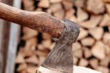Fototapeta Na sufit - An ax stuck in a log. Ax blade close.