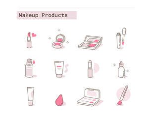 Different Makeup Cosmetic Icons Collection. Containers and Bottles with Beauty Products. Facial Foundation, Lipstick, Serum and other Make Up Cosmetics. Flat Line Cartoon Vector Illustration.