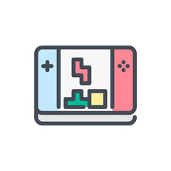 Wall Mural - Gamepad with tetris game color line icon. Portable game console vector outline colorful sign.