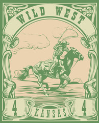 Wall Mural - vector image of a cowboy on a horse with a lasso in the form of a postage stamp with the inscription Kansas