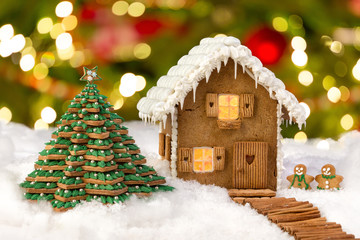 Edible gingerbread house and cookie christmas tree