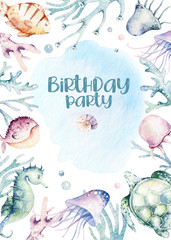 Wall Mural - sea animals aquarium baby happy birthday poster. Blue watercolor ocean fish, turtle, whale and coral. Shell aquarium background. Nautical marine illustration