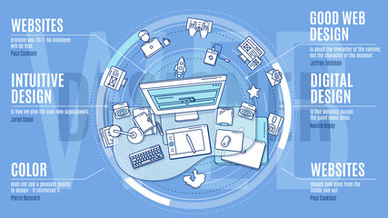 Advertising illustration for web designers with text blocks on this topic.