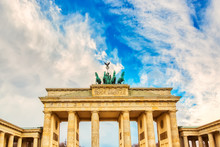 Brandenburg Gate Brandenburger Tor Details In Berlin, Germany During Bright Day With A Blue Sky. Famous Landmark In Berlin.