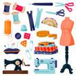 Sewing tools and tailor equipment. Craft and handmade sew needlework design elements. Vector flat cartoon illustration