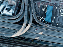 Aerial view over a highway interchange