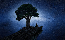 Yoga Woman Under A Tree In Front Of The Universe
