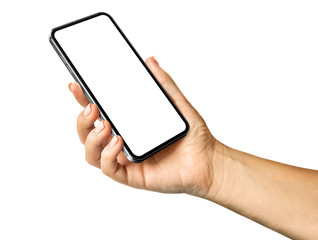 Wall Mural - woman hand holding the black smartphone with blank screen and modern frameless design in two rotated