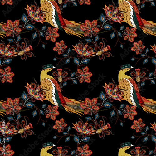 Watercolor seamless pattern with paisley fantasy flowers and birds in ethnic ...