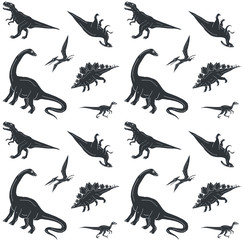 Canvas Print - Vector seamless pattern of black hand drawn doodle sketch dinosaurs isolated on white background