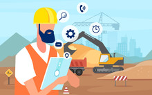 Vector Of A Man Construction Engineer Using Tablet App Managing A New Building Project