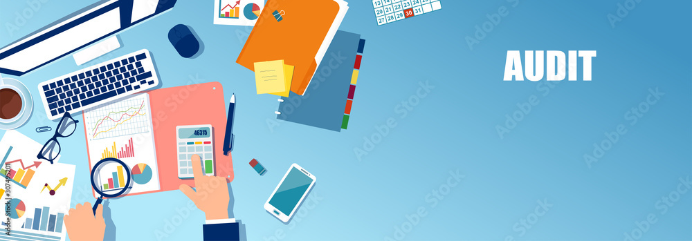Vector of a financial analyst sitting at table examining business plan report. - obrazy, fototapety, plakaty 