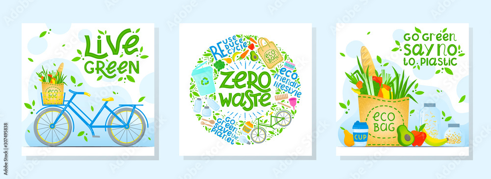 Bundle of zero waste vector illustrations with lettering.Healthy lifestyle principals.Perfect for prints,flyers,banners,eco posters,covers,typography design,social media.Live green, go to zero waste. - obrazy, fototapety, plakaty 