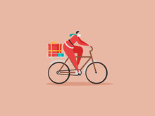 Merry Christmas, The New Year, Happy Holidays Concept. The Young Man Or Santa Claus Rides A Bicycle In Helmet And Carries Gifts. Isolated Vector Illustration In Cartoon Design