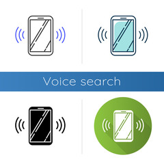 Sticker - Ringing smartphone icons set. Mobile voice control idea. Sound command. Loud volume, audio frequency. Phone call, vibro signal. Linear, black and color styles. Isolated vector illustrations