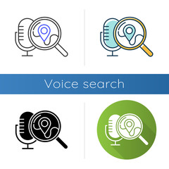 Sticker - Geolocation voice request icons set. Location search idea. Sound control, microphone command, magnifying glass. Smart assistant. Linear, black and color styles. Isolated vector illustrations