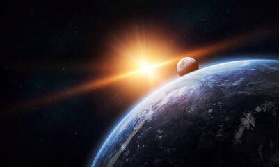  Earth planet with sloar light in space. Sun, Moon and stars. Elements of this image furnished by NASA
