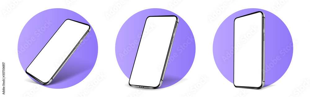 Smartphone frameless blank screen mockup template perspective view.Realistic smartphone mockup. Mobile phone in different angles of view. Violet, Blue smartphone template. 3d Vector illustration - obrazy, fototapety, plakaty 