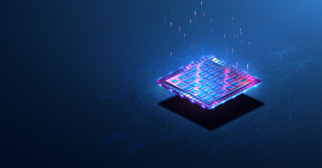 Poster - Abstract tech web site.Trendy HUD background,colorful. Futuristic design of an Artificial Intelligence chip with Tech elements. Futuristic microchip processor with lights on the blue background.Vector