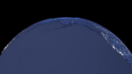 Wall Mural - Realistic night rotating Earth planet isolated on black background. Spinning dark 3d earth globe seamless looping animation.