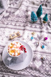 Winter composition. Coffee with mini marshmallows and candy cane. Flatlay, Christmas concept