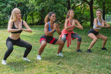 Wall Mural - female friends having workout together in park