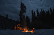 People camping under starry sky near campfire in winter in remote landscape in  Canada