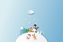 Merry Christmas And Happy New Year With Santa Claus And Reindeer And Redfox And Snowman Winter Landscape. Paper Art Vector Illustration Style.