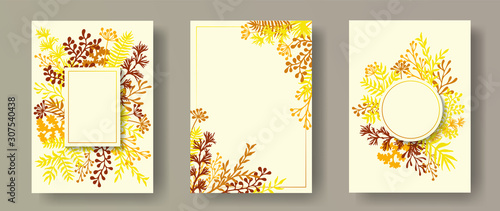 Watercolor herb twigs, tree branches, leaves floral invitation cards set. Her...