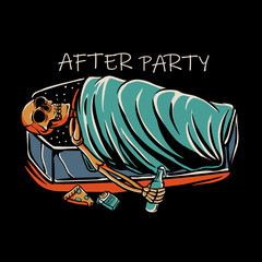 Wall Mural - Skeleton sleeping in a coffin with liqour bottle, cigarette, and pizza illustration. Resting skull after party. Retro skull tshirt design