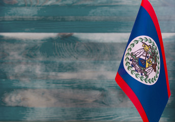 Fragment of the flag of Belize in the foreground blurred light background copy space