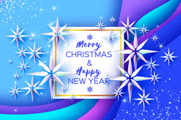 Wall Mural - Origami Cristal Ice Paper Snowflakes on blue layered background. Merry Christmas and Happy New Year in paper craft style. Magic Snowfall. Square frame.
