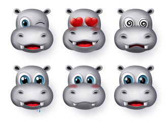 Hippopotamus emojis and emoticon vector set. Hippo emoticons animal avatar face with in love, dizzy, hungry, excited, cute and blushing character emotion isolated in white background. 