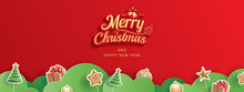 Merry Christmas And Happy New Year Red Greeting Card In Paper Art Banner Template. Use For Header Website, Cover, Flyer.