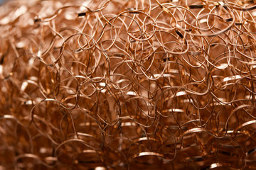 Macro abstract art background of shiny copper wire scrubbing mesh texture