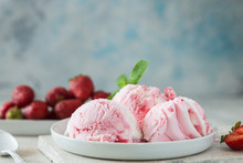Homemade Strawberry Vanilla Ice Cream With Fresh Strawberries. Sweet Berry Summer Dessert. Concrete  Background Copy Space