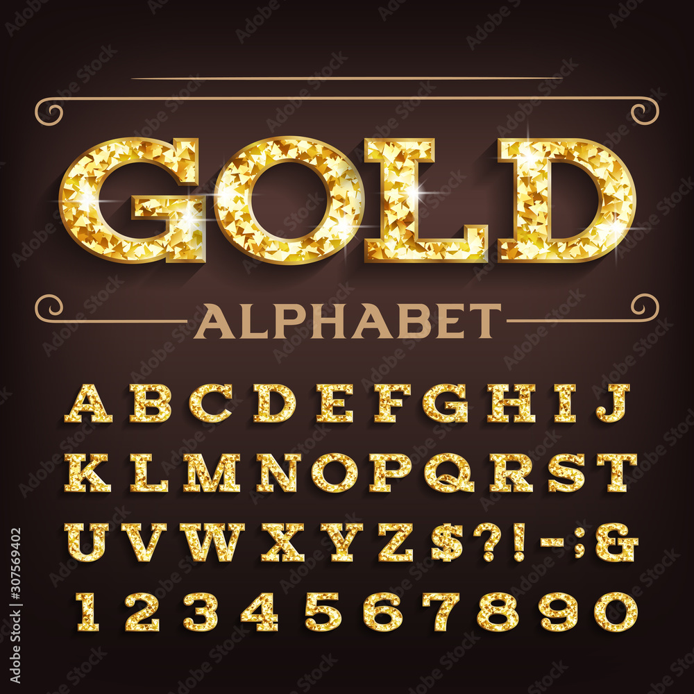 Twelve Lettering Script Gold Gold alphabet font. Retro golden beveled letters and numbers with ...
