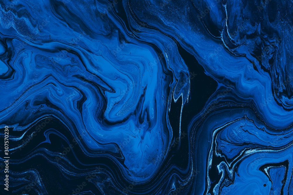 Hand painted background with mixed liquid blue and golden paints. Classic blue color of the year 2020. Abstract fluid acrylic painting. Marbled blue abstract background. Liquid marble pattern - obrazy, fototapety, plakaty 