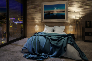 Wall Mural - Luxury Penthouse Bedroom by Evening - 3d visualization