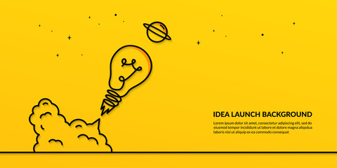 light bulb launching to space on yellow background, flat start up idea concept