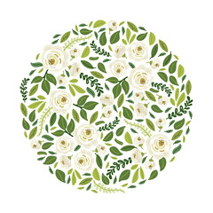 Cute botanical theme floral background with bouquets of hand drawn rustic white roses flowers and green leaves branches